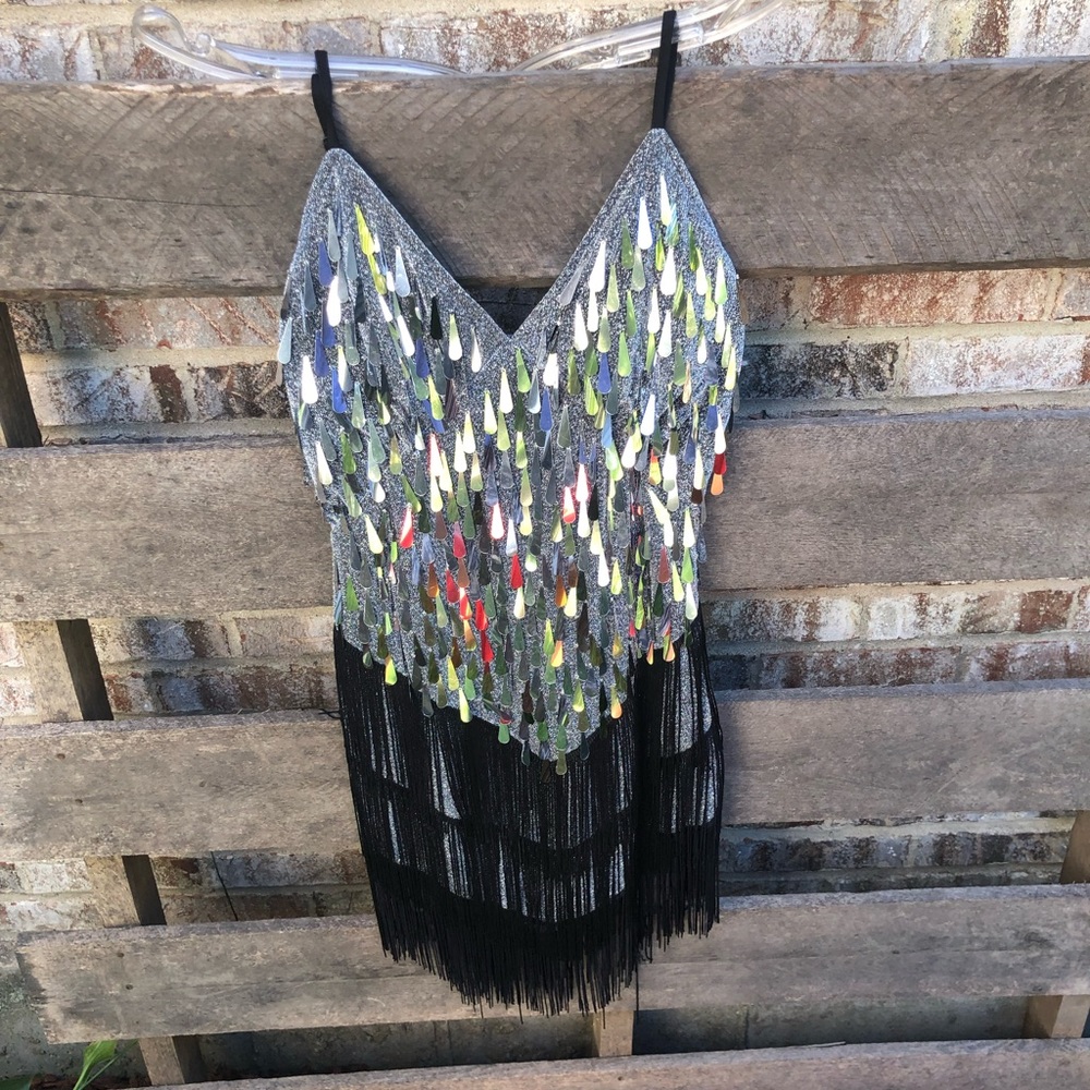 Size medium women’s flapper dress, silver, and black fringe